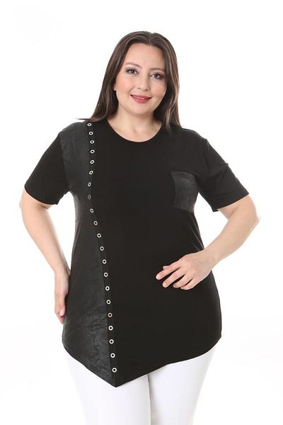 vividbutik Plus Size Round Neck Short Sleeve Blouse with Studded Front and Faux Leather