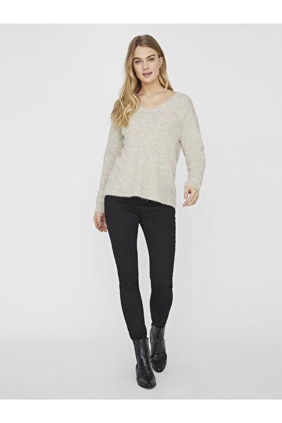 Vero Moda Ecrufarbener Langarmpullover mit V-Ausschnitt für Damen10233357 VMCREWLEFILE