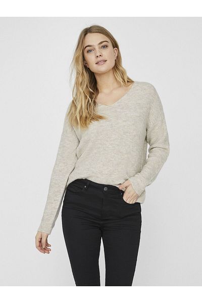 Vero Moda Ecrufarbener Langarmpullover mit V-Ausschnitt für Damen10233357 VMCREWLEFILE
