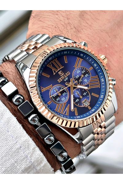 Reward Men's Wristwatch and Bracelet Gift - Rose Silver Color, Steel Cord