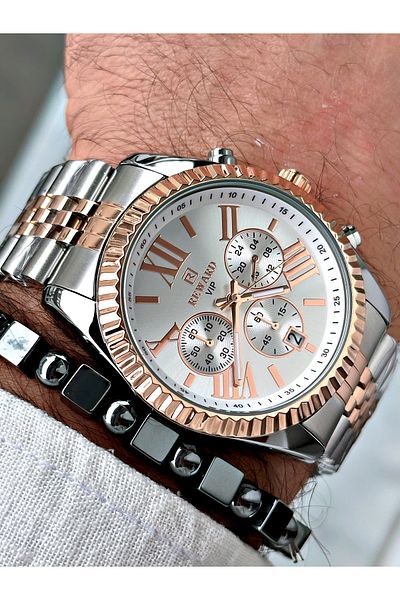 Reward Men's Wristwatch and Bracelet Gift - Rose Silver Color, Steel Cord