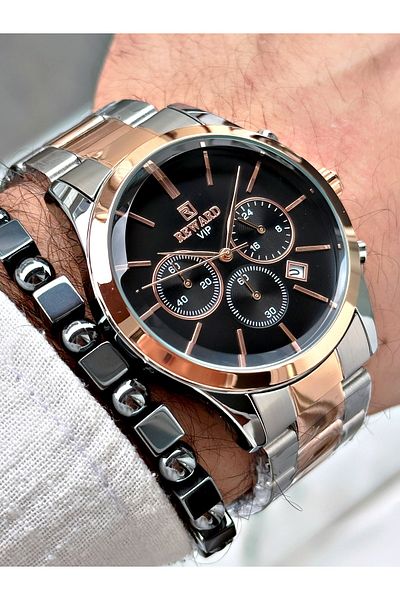 Reward Men's Wristwatch and Bracelet Gift - Rose Silver Color, Steel Cord