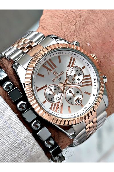 Reward Men's Wristwatch and Bracelet Gift - Rose Silver Color, Steel Cord
