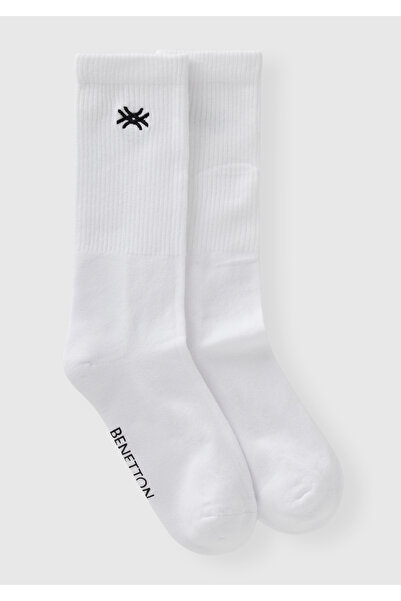 United Colors of Benetton Бяла памучна смес - дълги чорапи с бродирано лого, ...