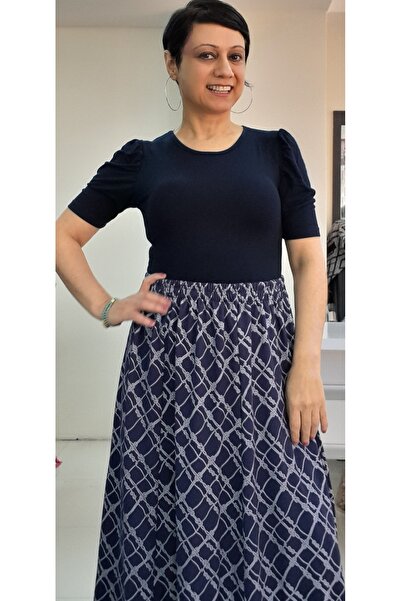 Mertcan Butik Синя спідниця з еластичним поясом і ланцюжковим візерунком, 6 частин, в'язана