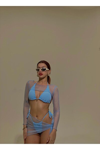 elifbilginbutik Kadın mavi pullu uzun kollu tül  crop   Etek  bağlamalı  Alt ...