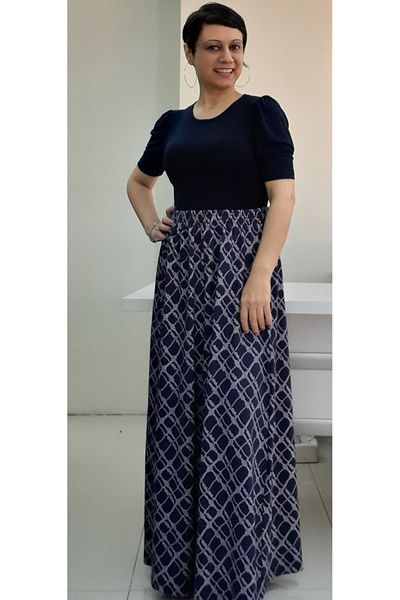 Mertcan Butik Navy blue chain patterned 6-piece knitted skirt with elastic waistband