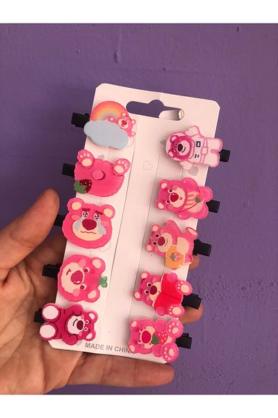 synshop Toy Story Pink Teddy - Kawai Lotso، Care Cheer Bear، مجموعة من 10 أبازيم للفتيات