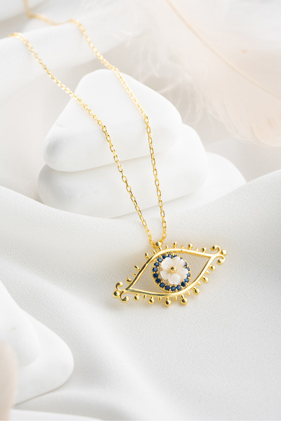 Nereze 925 Ayar Gümüş Gold Kaplama Manolya Çiçeği Detay Nazar Göz Kolye