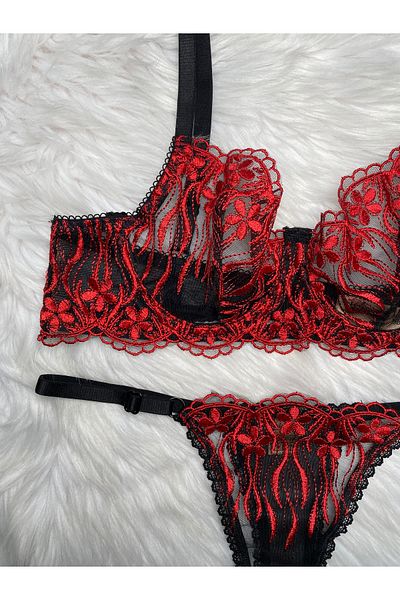 KİVİK WOMEN'S BALENLI RED DAISY PATTERNED FLAME STYLISH BRALET SET BRA 2003
