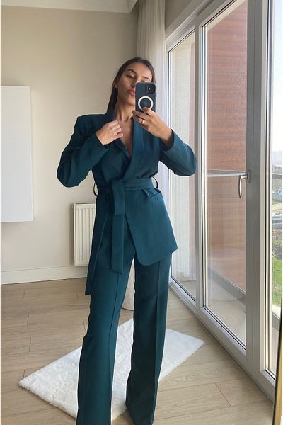 cn novembersun Women's Emerald Green Shawl Collar Tie-Up Blazer Jacket Pants Suit