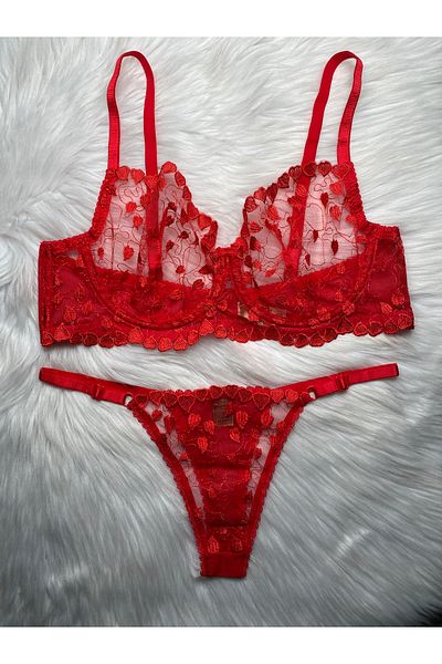 KİVİK Women's Capless Underwire Black Heart Lace Bralet Bra Set