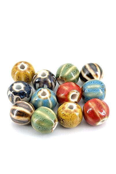 Selvi Konsept Otantik Seramik Boncuk Çizgili Yuvarlak Karışık Renkli 12x10 mm 6 Adet