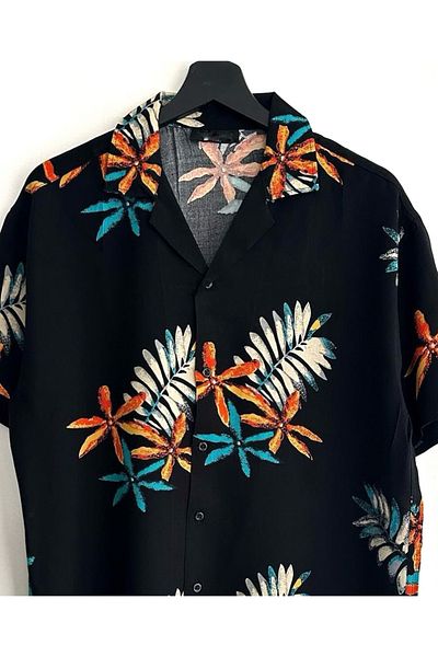 Hazhers Men's Oversize Shirt Collar Viscose Short Sleeve Summer Shirt