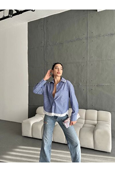 Melike Bakar Boutique Tek Cepli Kontrast Çizgili Poplin Kadın Mavi Gömlek