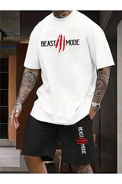 donamod Férfi 2db Oversize Basic Beast Fashion nyomott Cotton Beast Mode póló és rövidnadrág szett