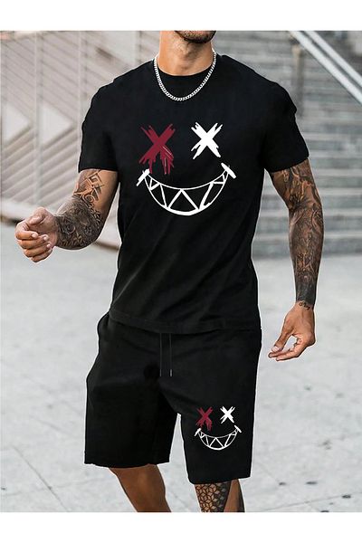donamod Men's 2-Piece Oversize Basic Beast Fashion Printed Cotton Smiling Face X X Eyed T-Shirt Shirt and Shorts Set