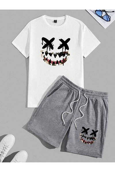 donamod Ανδρικό μπλουζάκι 2 τεμαχίων Oversize Basic Beast Fashion εμπριμέ βαμβακερό χαμογελαστό πρόσωπο X X μάτια μπλουζάκι και σορτς