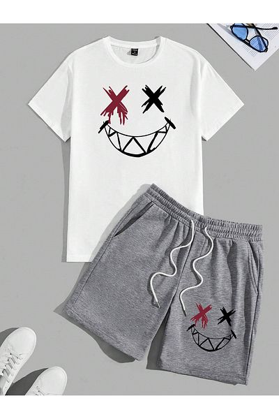 donamod Men's 2-Piece Oversize Basic Beast Fashion Printed Cotton Smiling Face X X Eyed T-Shirt Shirt and Shorts Set
