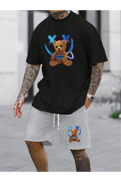 donamod Men's 2-Piece Oversize Basic Beast Fashion Printed Cotton Tongue Smiling Face Bear T-Shirt Shirt and Shorts Set