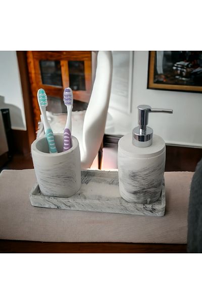 Trust Stone Σετ μπάνιου Marble 3 τεμαχίων, Σετ αξεσουάρ από σκυρόδεμα με θήκη οδοντόβουρτσας διανομέα υγρού σαπουνιού