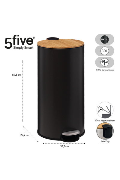 5FIVE BAMBOU - SİYAH - 30 LT PEDALLI ÇÖP KOVASI