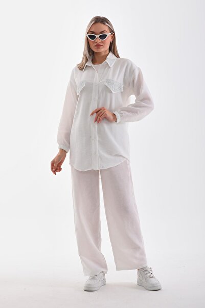 WestBound Women's Stone Embroidered Hijab Double Summer Top and Bottom Set - Ecru