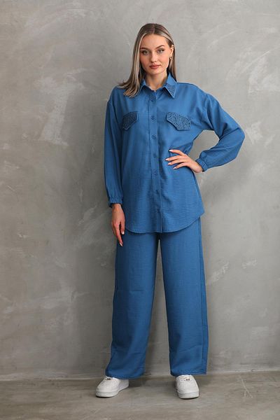 WestBound Women's Stone Embroidered Hijab Double Summer Top and Bottom Set - Denim Color