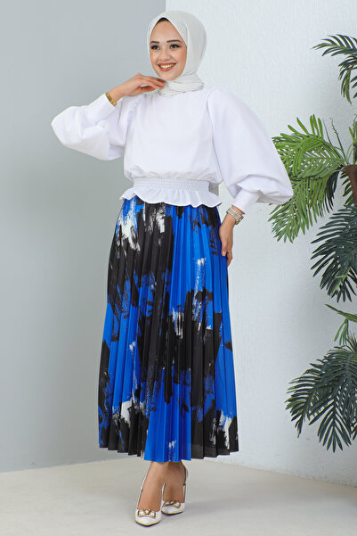 benguen 4553 Patterned Pleated Hijab Skirt Blue