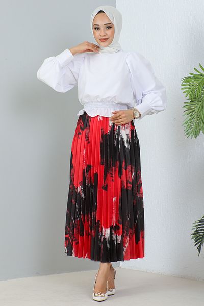 benguen 4553 Patterned Pleated Hijab Skirt Red