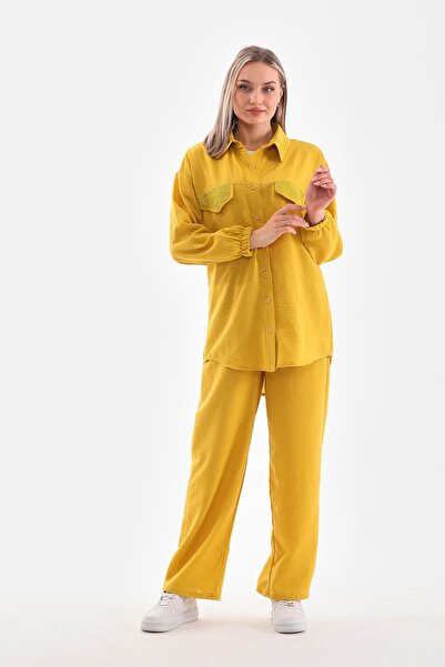 WestBound Women's Stone Embroidered Hijab Double Summer Top and Bottom Set - Mustard Yellow