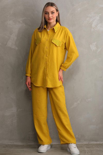 WestBound Women's Stone Embroidered Hijab Double Summer Top and Bottom Set - Mustard Yellow