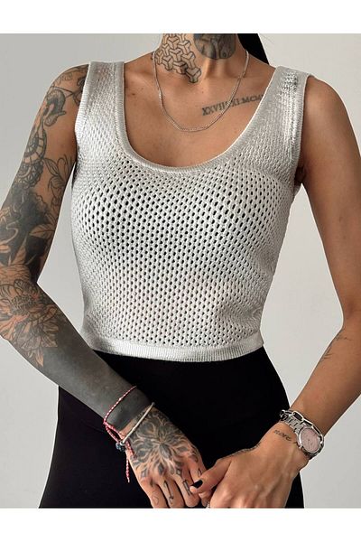 Laluvia Durchbrochenes Tanktop mit ecru-silberfarbenem Foliendruck