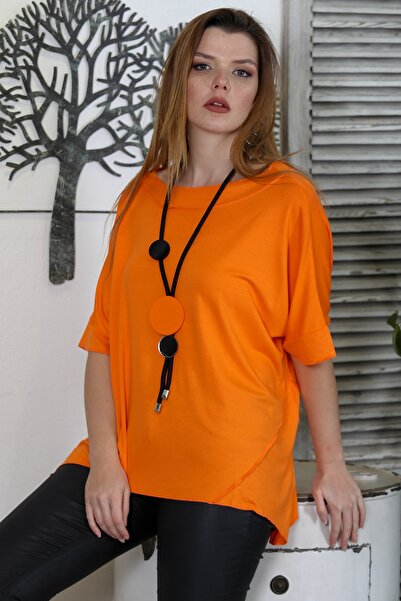 Chiccy Πορτοκαλί μπλουζάκι με στρογγυλή λαιμόκοψη και κοντό μανίκι πλεκτό oversized casual μπλουζάκι