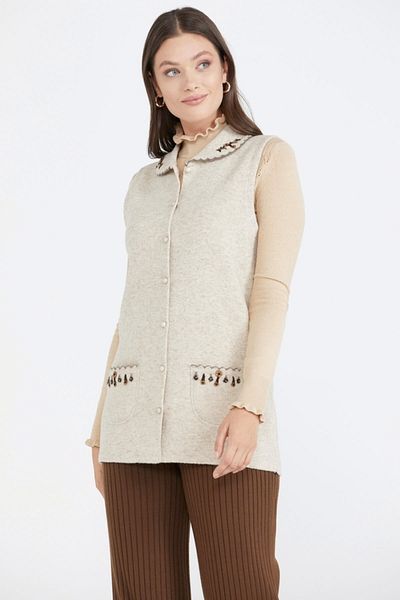 Sementa Beige Women's Pocketed Buttoned Knitwear Vest