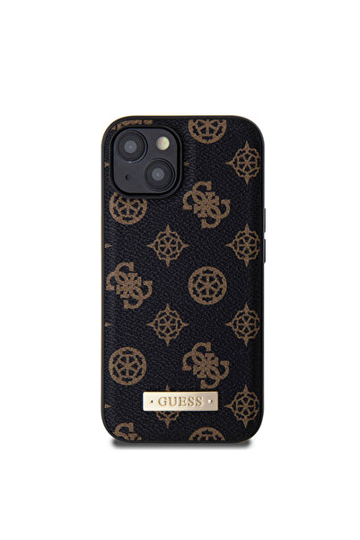 Guess iPhone 15 Uyumlu Kılıf Guess Magsafe Şarj Özellikli PU Deri Desenli Met...