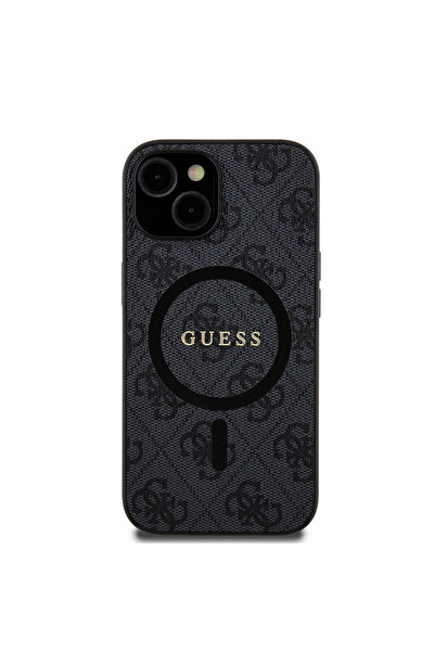 Guess iPhone 15 Uyumlu Kılıf Guess  Lisanslı Magsafe Özellikli 4G Desenli Yazı Logolu Kapak Siyah
