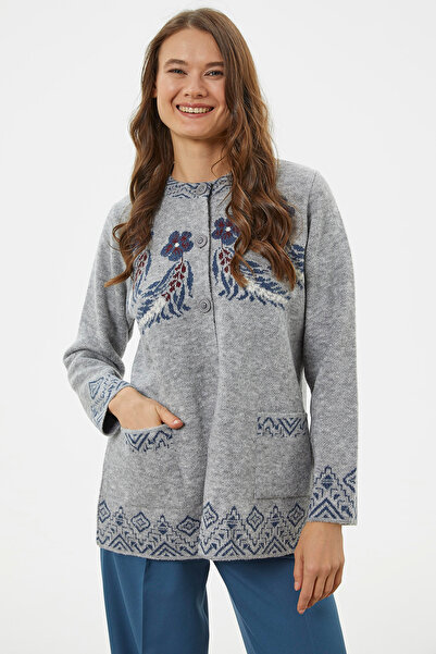 Sementa Hakim Collar Colorful Patterned Knitwear Cardigan - Gray