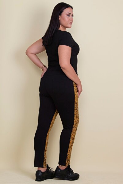 Şans Women's Large Size Mustard Lacquer Patterned Waist Elastic Pocket Trousers 65n17892