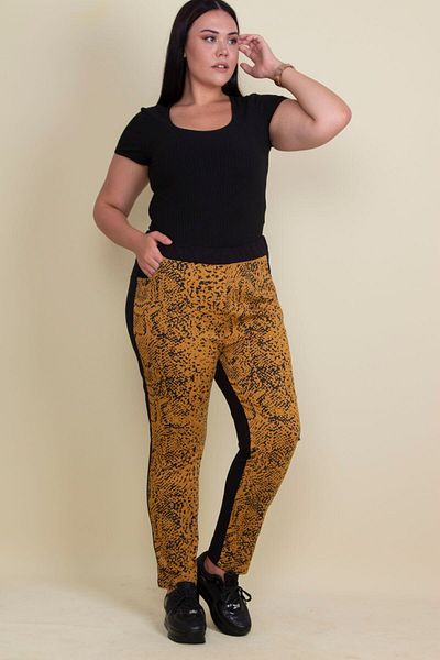 Şans Women's Large Size Mustard Lacquer Patterned Waist Elastic Pocket Trousers 65n17892
