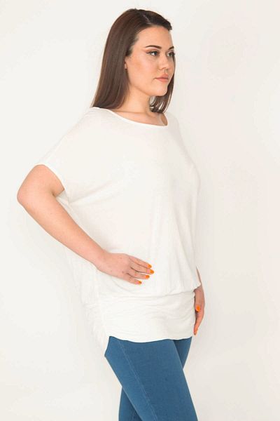 Şans Women's Large Size Bone Crew Neck Banded Hem Low Sleeve Tunic 65n32563