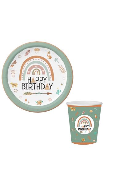 kidspartim Retro Happy Birthday Themed Cardboard Plate Cup 8 pcs