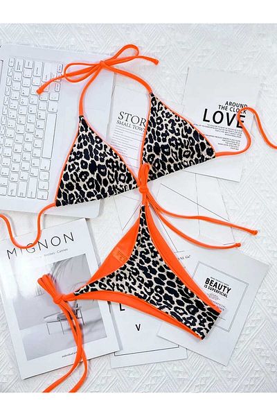 nuriçgiyim Orange stringed leopard bikini set