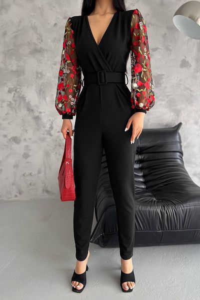 Neşeli Butik women's black belted sleeves embroidery lycra jumpsuit NBK2069