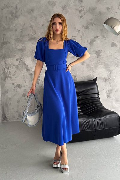 Neşeli Butik rochie de damă saks albastru cu guler pătrat cu centură lycra NBK2085