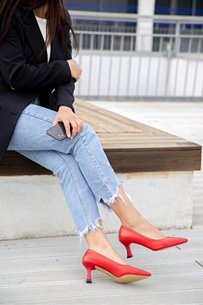 FSKOMBİN Mini Kırmızı Cilt Kadın Kalın Alçak Topuklu Ayakkabı Stiletto
