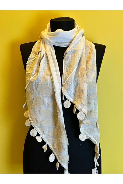 Gönülden Tasarım MUSLIN FABRIC EMBOSSED PATTERN TASSELED WOMEN'S FULAR SHALT NECK TIE