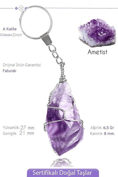 Tesbih Atölyesi Certified Raw Unprocessed AAA+ Amethyst Stone Keychain - Wire Wrapped
