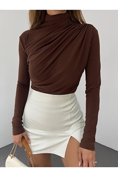 ALLEYTA Γυναικεία μπλούζα με μακρυμάνικο γιακά με κορδόνι με ντραπέ ώμου και μέσης