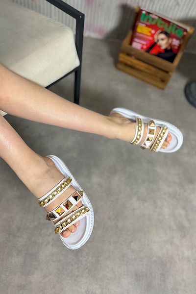 SHOEBELLAS Papuci de damă Fera albi cu trei dungi cu lanțuri